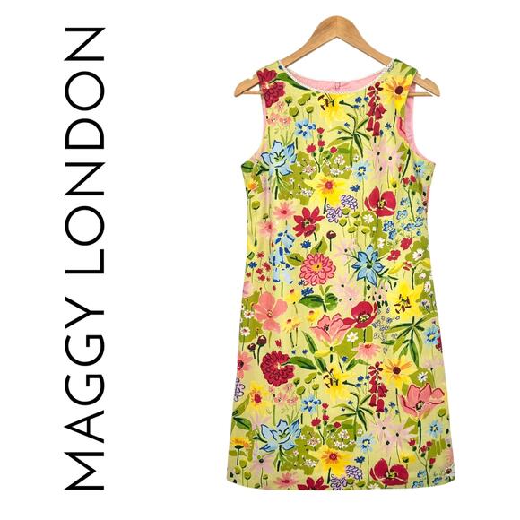 Vintage Maggy London 60s Mod Floral Sleeveless Dress Size 8 Yellow Lace Trim USA - Picture 1 of 16